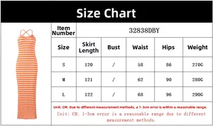 Detailed size chart with measurements for the striped backless bodycon maxi dress