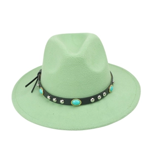 Detail of mint green wool fedora hat with turquoise stone and silver studs on black band