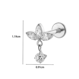 Detail showing leaf crown earring size measurements of 1.19cm height and 0.91cm width