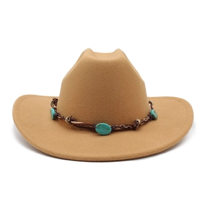 Classic camel wide-brim cowboy hat with decorative turquoise beads and woven brown band