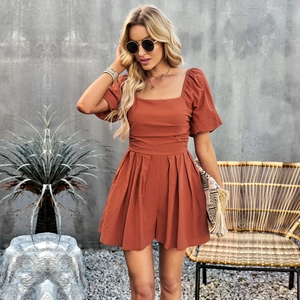 Women's terracotta square neck romper with puff sleeves and cinched waist for casual wear