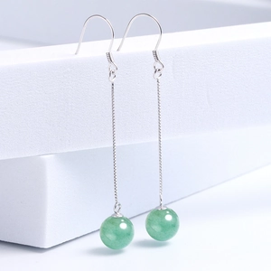 Elegant S925 silver long drop earrings with green aventurine beads on white steps