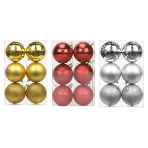 Set of 6 assorted Christmas ball ornaments in gold, red, and silver with glossy matte finishes