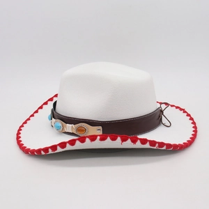 Detail of white felt western hat with red stitched brim and gemstone leather band