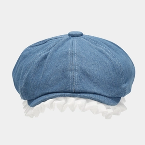 Blue denim octagonal beret with white pleated lace trim and vintage ruffle details