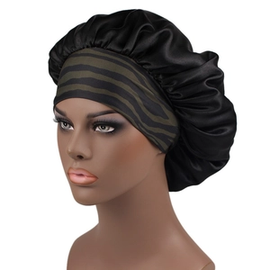 Elastic satin sleep bonnet with zebra print wide band for hair protection and comfort