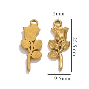 Detail view of gold vintage rose pendant showing dimensions and petal texture