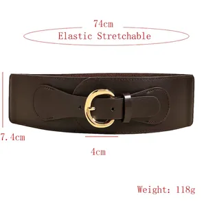 Vintage brown elastic waist belt for women with gold metal buckle and size dimensions