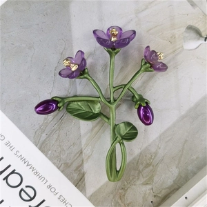 Alloy Violet Flower Brooch Pin With Green Leaves Purple Resin Petals And Faux Freshwater Pearl Vintage Elegant Jewelry Women