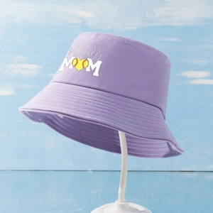 Light purple cotton bucket hat featuring Softball MOM print with a yellow softball heart