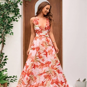 Floral V-neck maxi dress with 3D flower details and a bright summer print