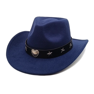 Navy blue western felt cowboy hat with leather band and heart star metal studs