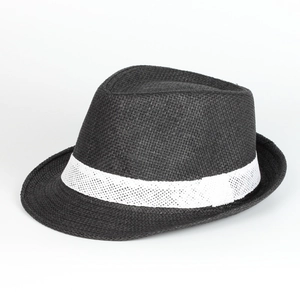 Detail of a black straw fedora hat featuring a stylish white wide-ribbon band decoration