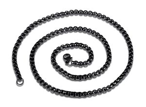 Close-up of black stainless steel box chain necklace with a lobster clasp closure