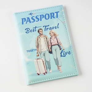 Detail of light blue faux leather passport cover with UV printed travel illustrations