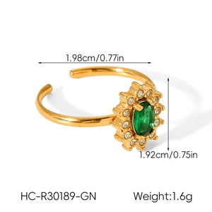 Detailed dimensions of gold ring with green oval zircon and white gemstones, 1.6g weight