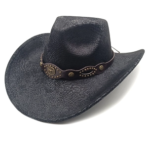 Western black wide brim fedora with embossed leather texture and vintage metal emblem