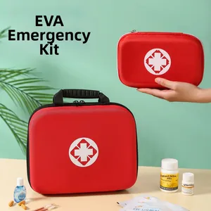 Macro view of portable red EVA first aid kits in large and small sizes with zipper