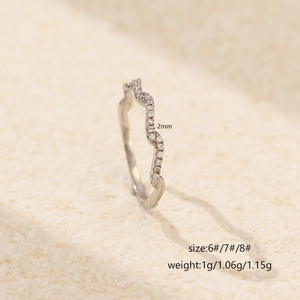 Minimalist S925 sterling silver wavy ring with small diamonds and 2mm width specs