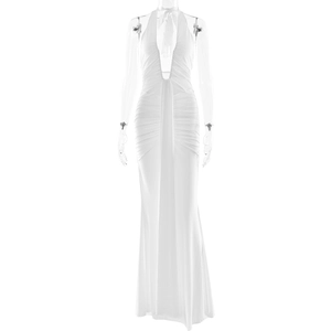 Elegant white halter neck deep V-neck maxi dress with a backless mermaid fishtail silhouette