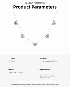 Detailed specs of S925 silver necklace with five colorful heart-shaped zircon pendants