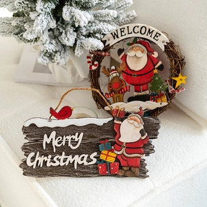 Vintage Christmas welcome sign set with Merry Christmas wood plaque and Santa rattan wreath