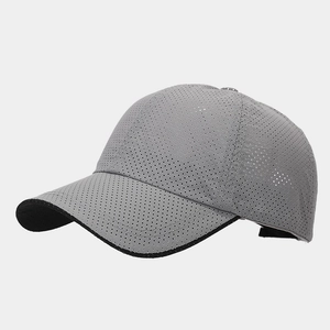 Detail of grey quick-dry baseball cap with laser-cut mesh holes for breathability