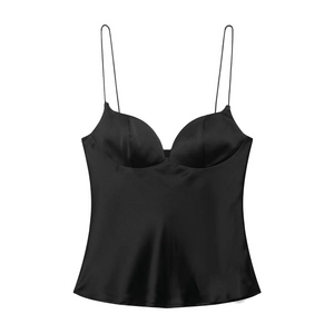 Elegant black satin camisole top for women with sweetheart neckline and bustier detail