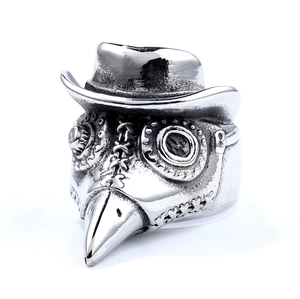 Gothic punk stainless steel plague doctor crow skull ring with vintage silver finish
