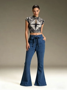 Women's high waist flared denim jeans with tie waist and grey tie-dye crop top set