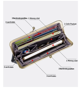 Interior detail of long leather clutch showing multiple card slots and bronze metal frame