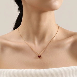 Elegant gold chain necklace with red enamel heart pendant for women neck accessory