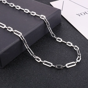 Close-up of a silver titanium steel paperclip chain necklace on a dark display box