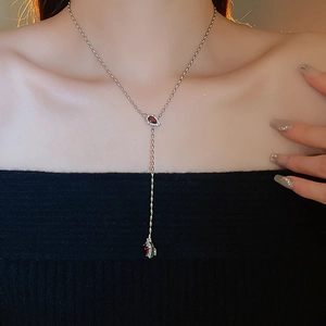 Luxurious Y-shaped silver necklace with marquise chain and teardrop red zircon pendants