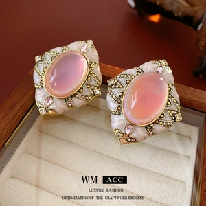 Vintage Palace Style Alloy Earrings With Pink Oval Resin Gemstone Rhinestones And Silver Earring Post Retro Luxury Women Accessory