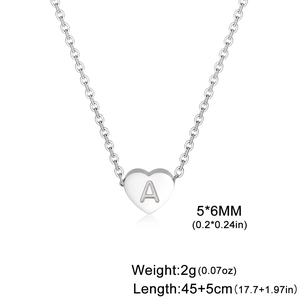 Polished stainless steel heart pendant necklace with letter A engraving on white background