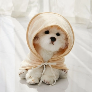 Detail view of a soft yellow microfiber pet bathrobe with ribbon bow on a white puppy