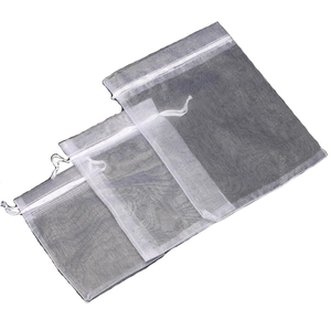 Three multi-size white organza drawstring pouches for jewelry storage and gift packaging