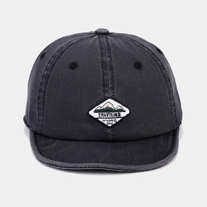 Vintage dark grey washed cotton short brim baseball cap with mountain embroidery patch