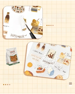 Detail of waterproof PET stickers featuring hand-drawn coffee and dessert motifs with die-cut edges