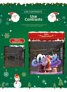 Detail of Christmas window clings showing Santa and snowman before and after installation