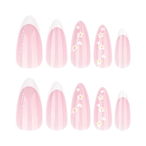 Short almond press-on nails with white French tips and small floral heart patterns