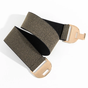 Detail of black and gold elastic woven belt with large round metal buckle on white background