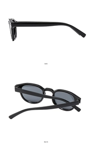 Side and back view of retro small frame sunglasses with glossy black finish and dark lenses