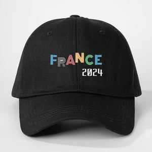 Detailed close-up of the France 2024 print on the black cotton baseball cap