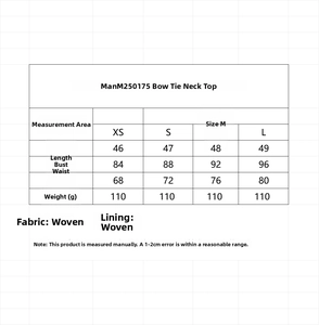 Guide des tailles pour haut dos nu avec nœud, incluant mesures de poitrine et taille