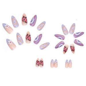 Faux ongles à damier cœur et papillon avec motifs de tournesol et de rayures roses