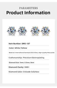 Close-up of S925 silver moissanite stud earrings with D color and VVS1 clarity details