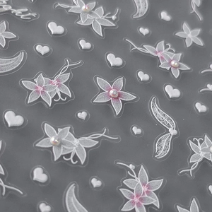 5D embossed white flower nail stickers with 3D pearls and heart patterns for manicures