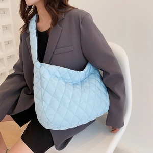 Light blue quilted puffer tote bag with large capacity for women's daily commute fashion
